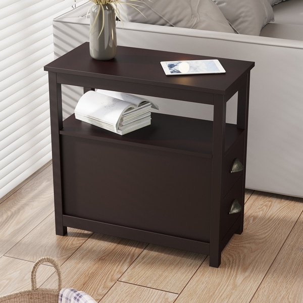 Narrow Nightstand With Two Drawers And Open Shelf On Sale Bed