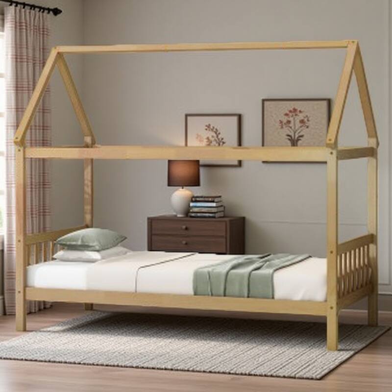 Twin Size Solid Wood House Frame Platform Bed, with Headboard and Footboard, with Underbed Storage Space, Minimalist Kids Bed - White Oak