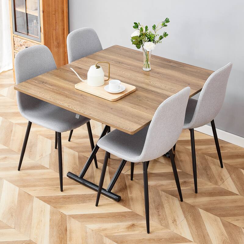 Table and chair set.Modern Multifunctional Lifting Platform,Natural Wood Grain Sticker MDF Desktop, Paired with 4 Dining Chairs