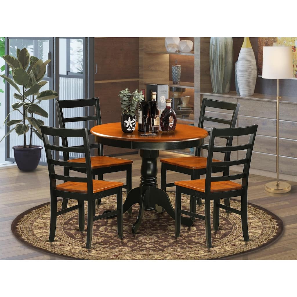 5-Piece Round Black Finish Solid Wood Top Dining table with 4-Chairs with