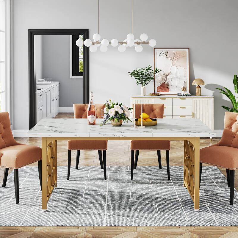 63-inch Modern Dining Table for 4-6 People, Rectangular Marble Dinner Table with Gold Metal Frame for Home Kitchen