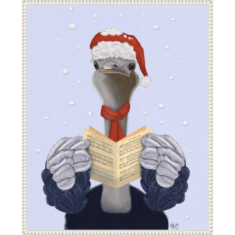 Ostrich Carol Singing by Fab Funky (23 x 28 in.), Framed Canvas Wall Art Print - Sylvie Beaded White