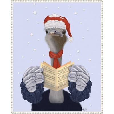 Ostrich Carol Singing by Fab Funky (23 x 28 in.), Framed Canvas Wall Art Print - Sylvie Beaded White