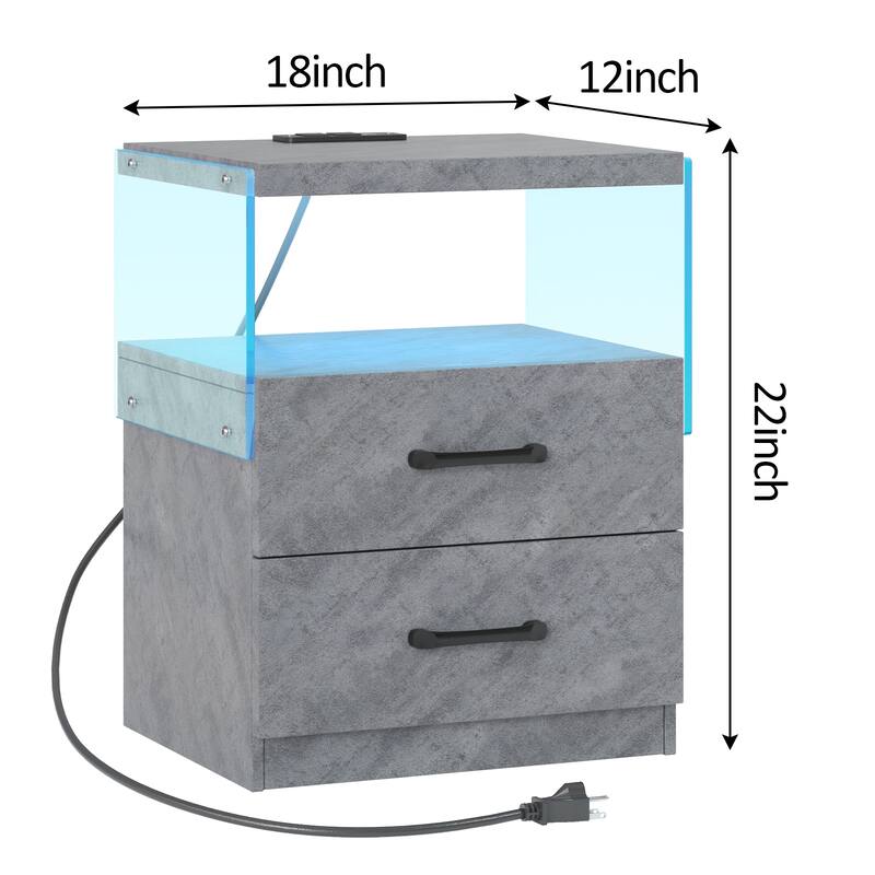 Adjustable LED Nightstand with 2 Drawers, Modern Bedside Table in Grey