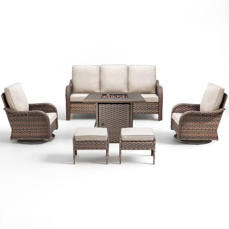 Pocassy Patio Funiture Sofa Swivel Chair Ottoman with Fire Table Set