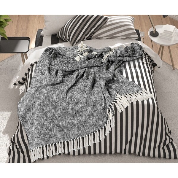 Sevita Black Boho Chambray Standard Size Throw Blanket with Fringe