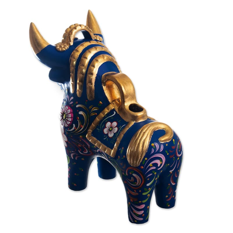Novica Handmade Big Pucará Bull In Blue Ceramic Sculpture