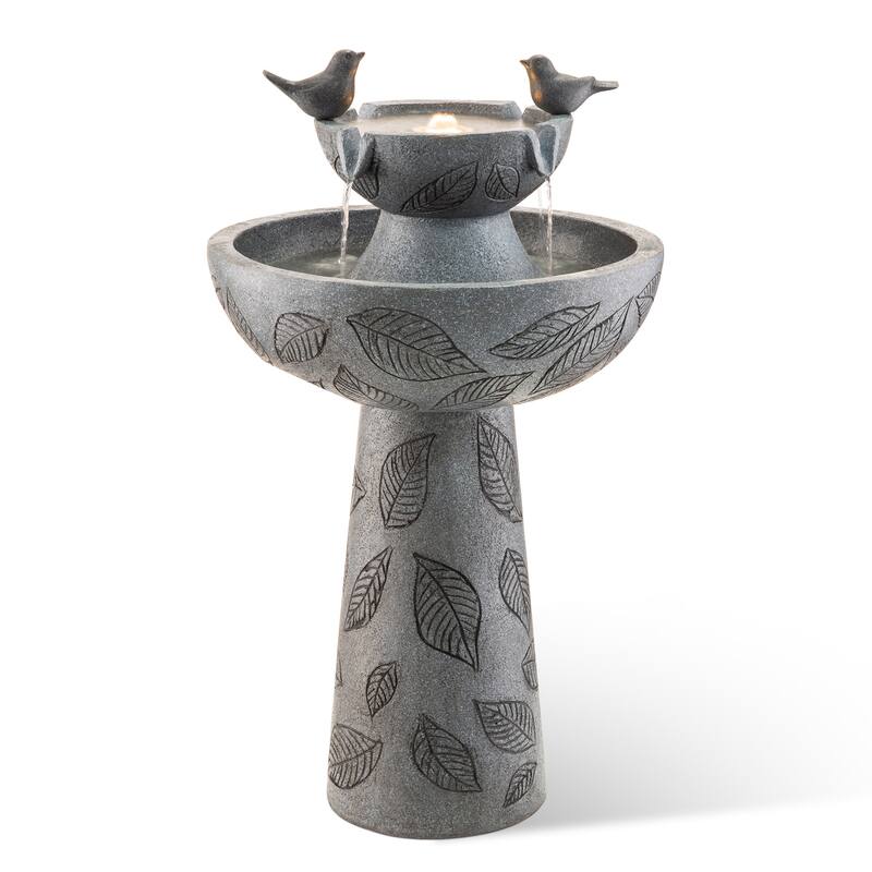 Glitzhome Birdbath Polyresin Outdoor Fountain with Birds, Pump and LED Light