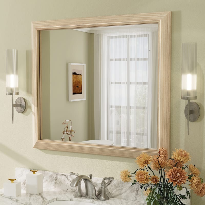 Beveled Metal Rectangle Framed Bathroom Vanity Tempered Glass Mirrors - 36" x 32" - Light Brown