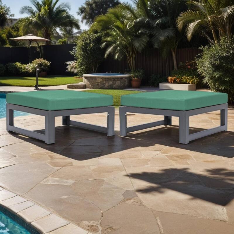 Chelsea Modern Outdoor Polyester Cushions Aluminum Patio Ottoman with Slatted Seat Design and Washable Cushion Covers Set of 2