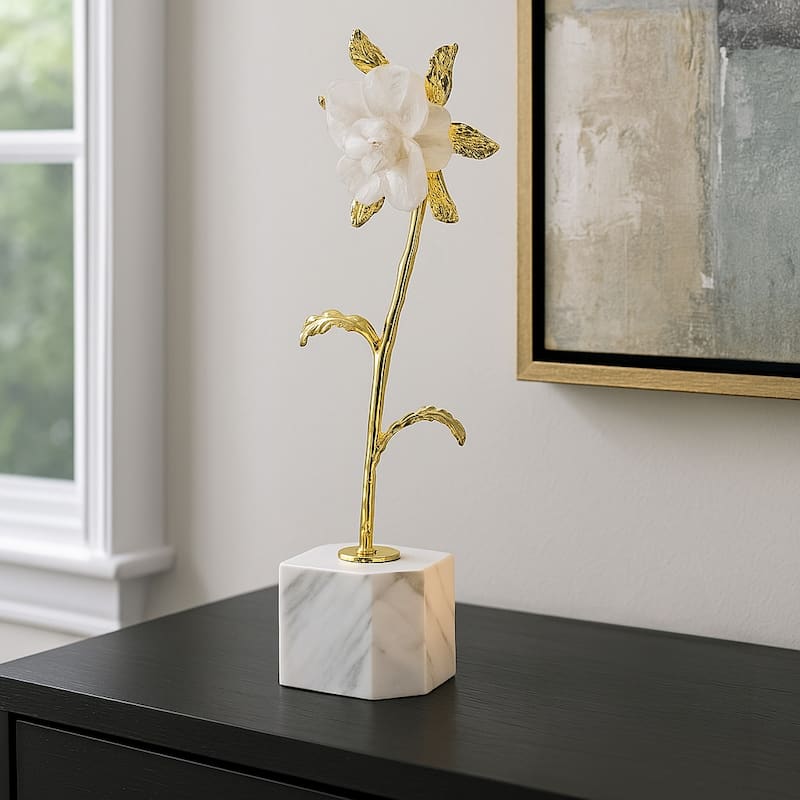 Luxury Floral Decorative Sculpture with Gold Accents and Marble Base