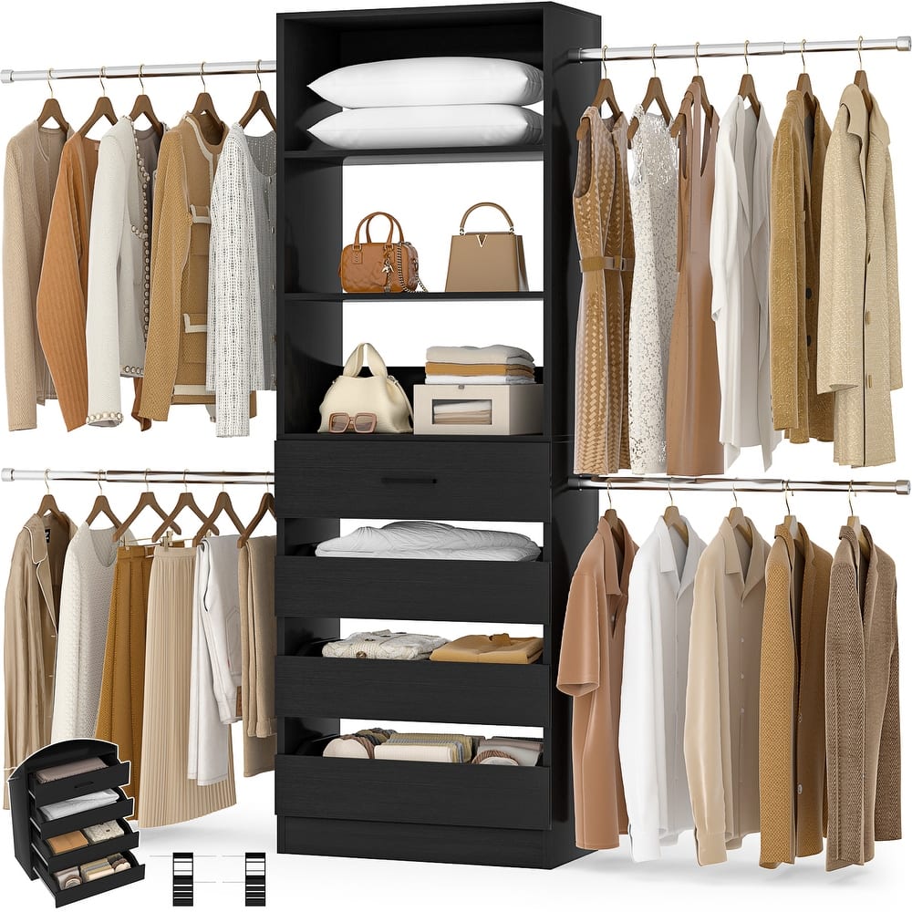 Modular Closet System Wardrobe Organizer 4 Adjustable Hanging Rods and 4 Wooden Drawers, Space-Saving for 4-9Ft Closets