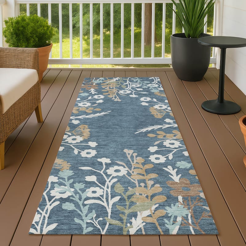Machine Washable Indoor/ Outdoor Floral Border Chantille Rug - Denim - 2'3" x 7'6"