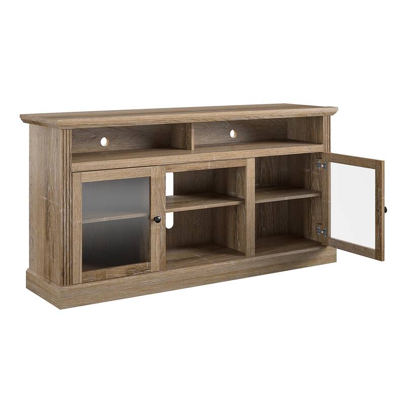 Roomfitters Chicago TV Stand for TVs up to 65 Inches with Glass Cabinet Doors, Natural Woodgrain Finish