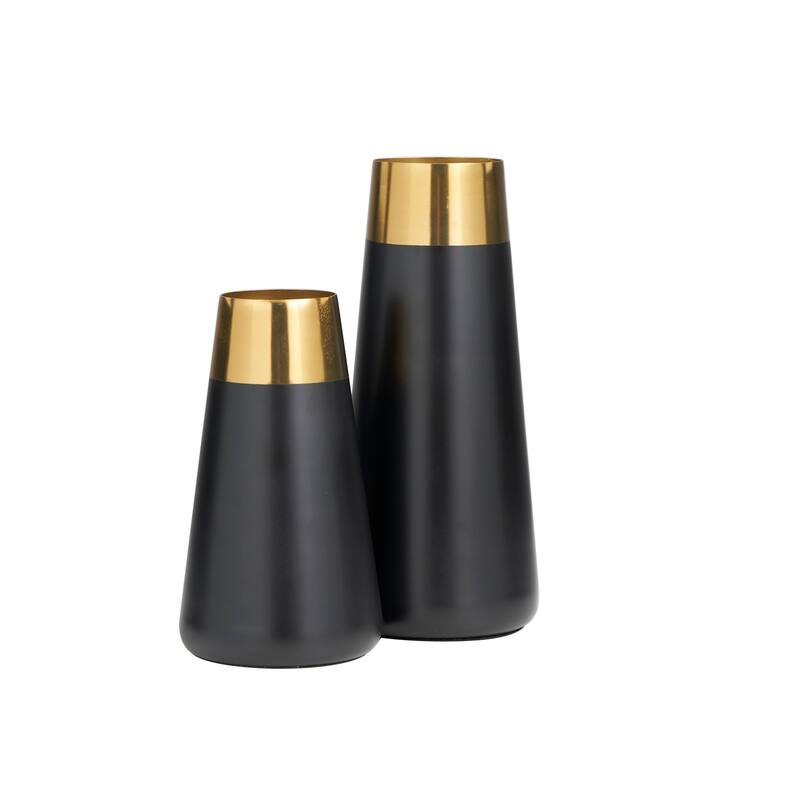 Stainless Steel Metal Vase with Gold Rims - Set of 2 Black - Roche River Decor - 5"W x 5"L x 11"H