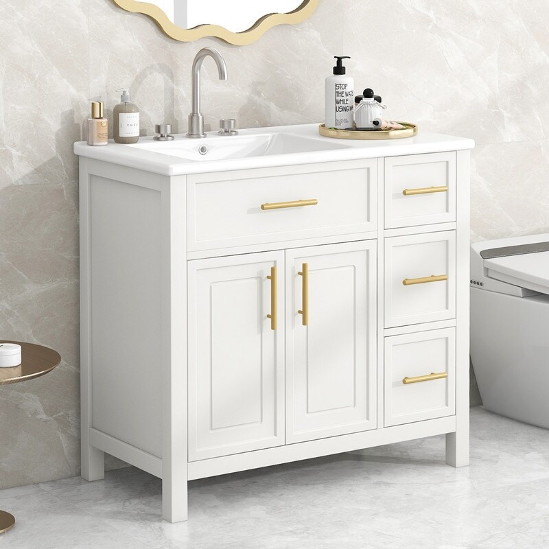 WELLFOR 36 Inch Bathroom Vanity With Sink, Solid Wood Bathroom Makeup Cabinet W 3 Drawers Storage Organizer Carrara White Quartz Countertop