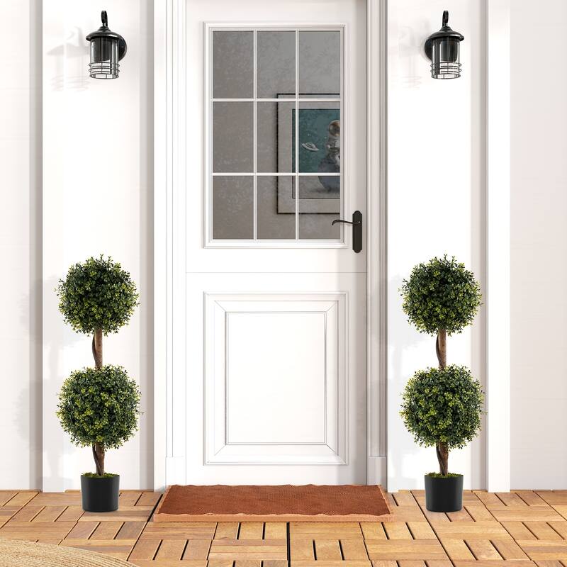 Gymax Set of 2 Artificial Double Topiary Ball Trees 3 FT Faux Boxwood