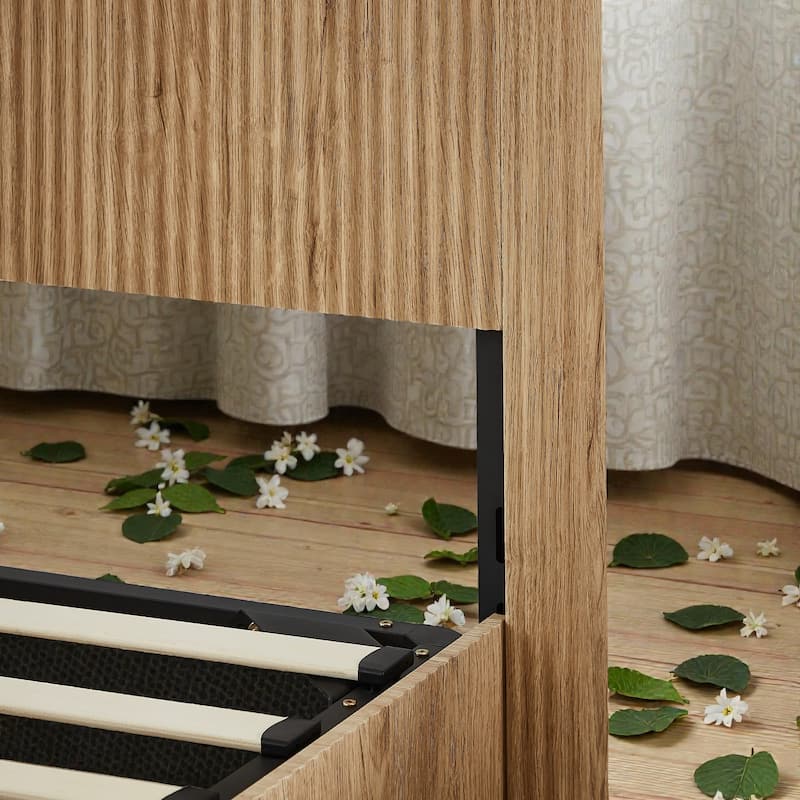 Lift Up Storage Platform Bed with Hydraulic Mechanism, Curved Corrugated Wooden Panels, No Box Spring Required