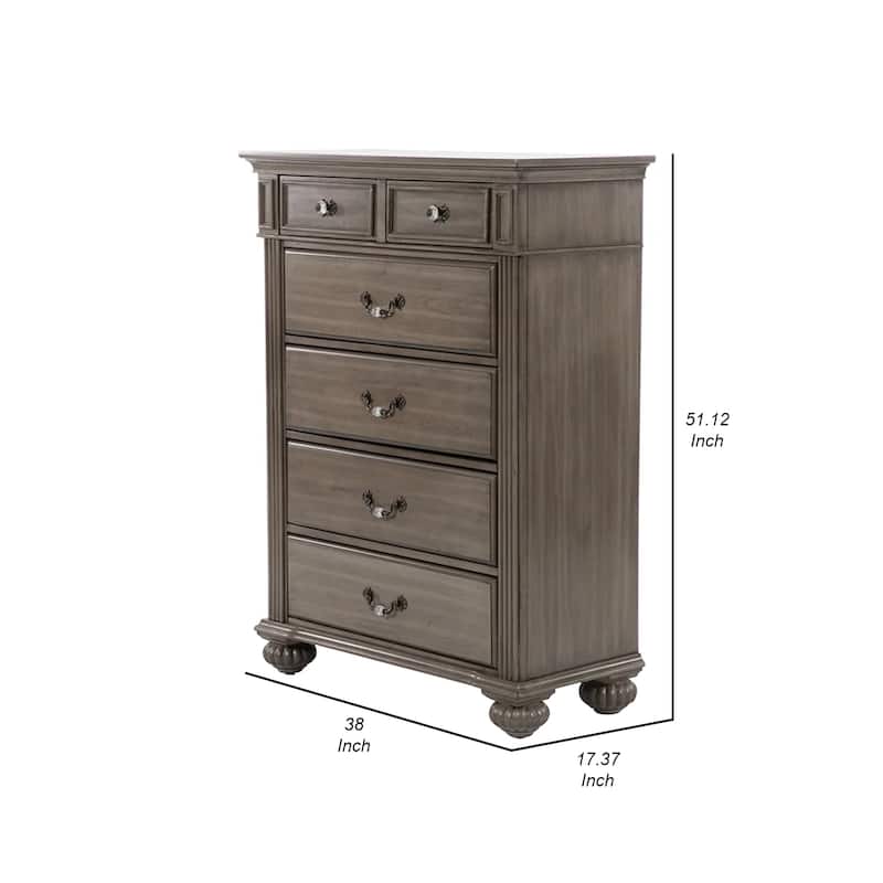 Recus Tall Dresser Chest, 6 Drawers w Brass Handles, Gray Solid Wood