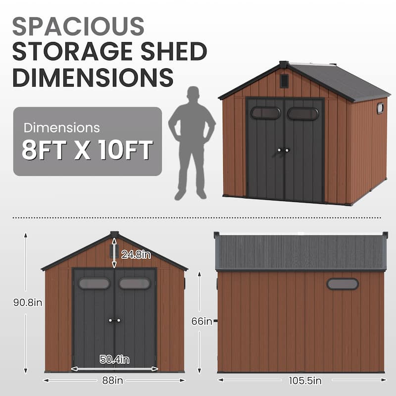 8' x 8' / 8' x 10'/ 8' x 12' Outdoor Resin Storage Shed with Lockable Doors and Air Vents for Garden