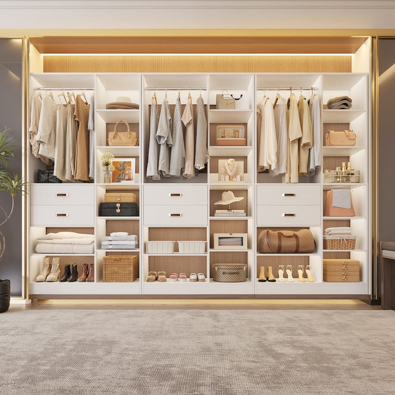 40'' Large Closet System with 10 Shelves and 2 Drawers, Freestanding Closet Organizer with Hanging Rods - 3pcs - White