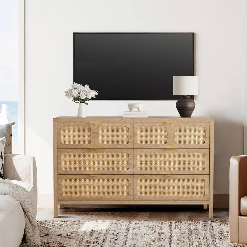 6 Drawer Dresser, Rattan Dresser for Bedroom, Farmhouse Wood Storage Chest of Drawers