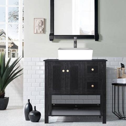 31.5" Bathroom Vanity Cabinet Set Organizer Top Vessel Sink Faucet Drain Hose Combo Free-standing