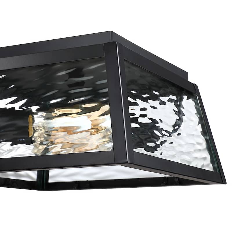 2-Light Black Outdoor Farmhouse Flush Mount Ceiling Light with Clear Water Glass