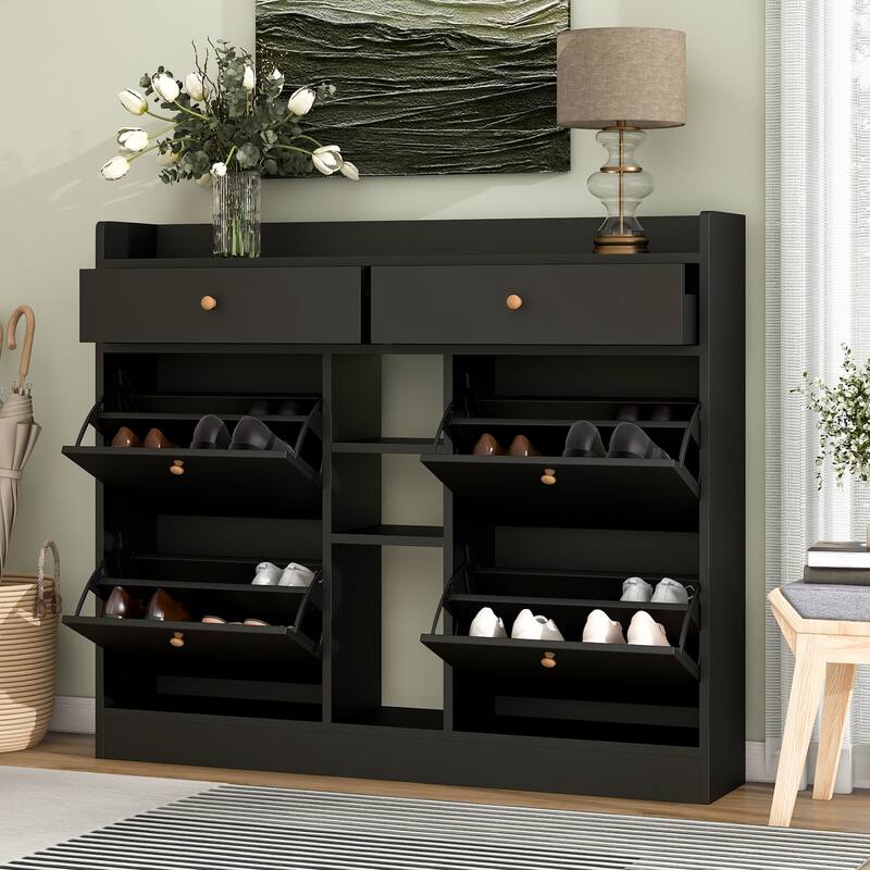 Modern Shoe Cabinet with 4 Flip Drawers, Multifunctional 2-Tier Shoe Storage Organizer with Drawers, Free Standing Shoe Rack - Black