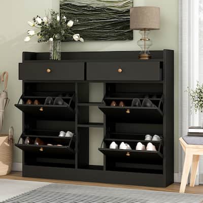 Modern Shoe Cabinet with 4 Flip Drawers, Multifunctional 2-Tier Shoe Storage Organizer with Drawers, Free Standing Shoe Rack