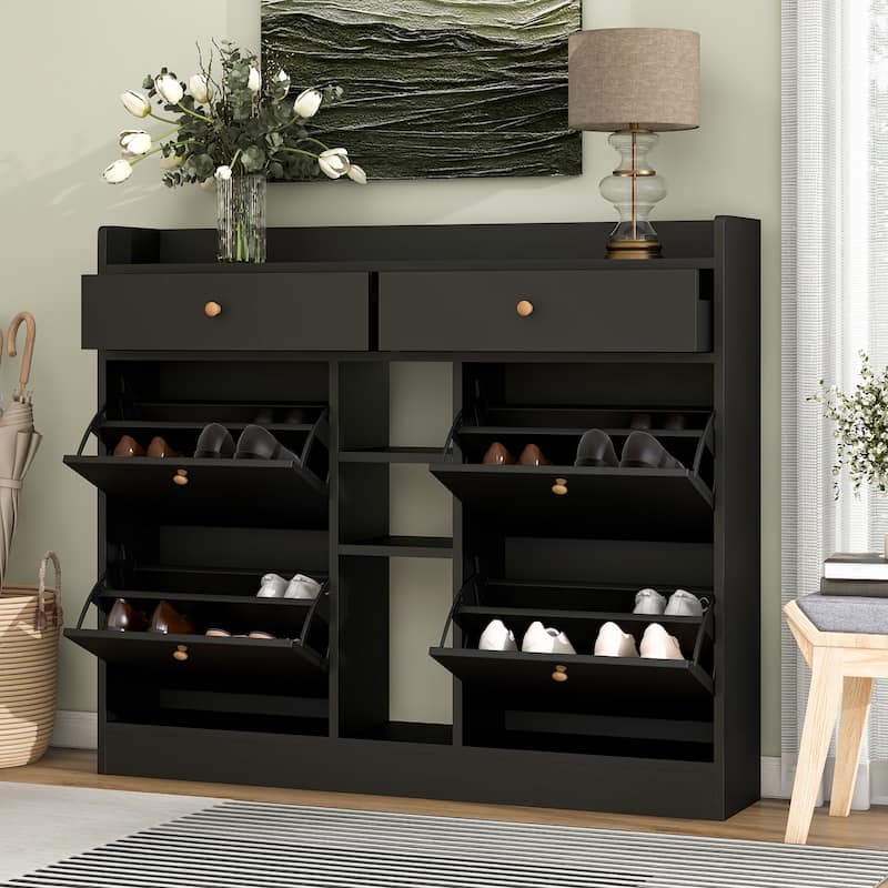 Roomfitters Modern Tipping Bucket Shoe Cabinet with 4 Flip Compartments, Multifunctional 2-Tier Shoe Storage Organizer - Black