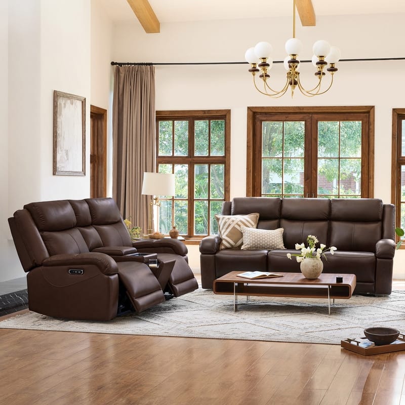 Spruce & Spring Hadlee Genuine leather Reclining Sofa with Multi-Function Console.