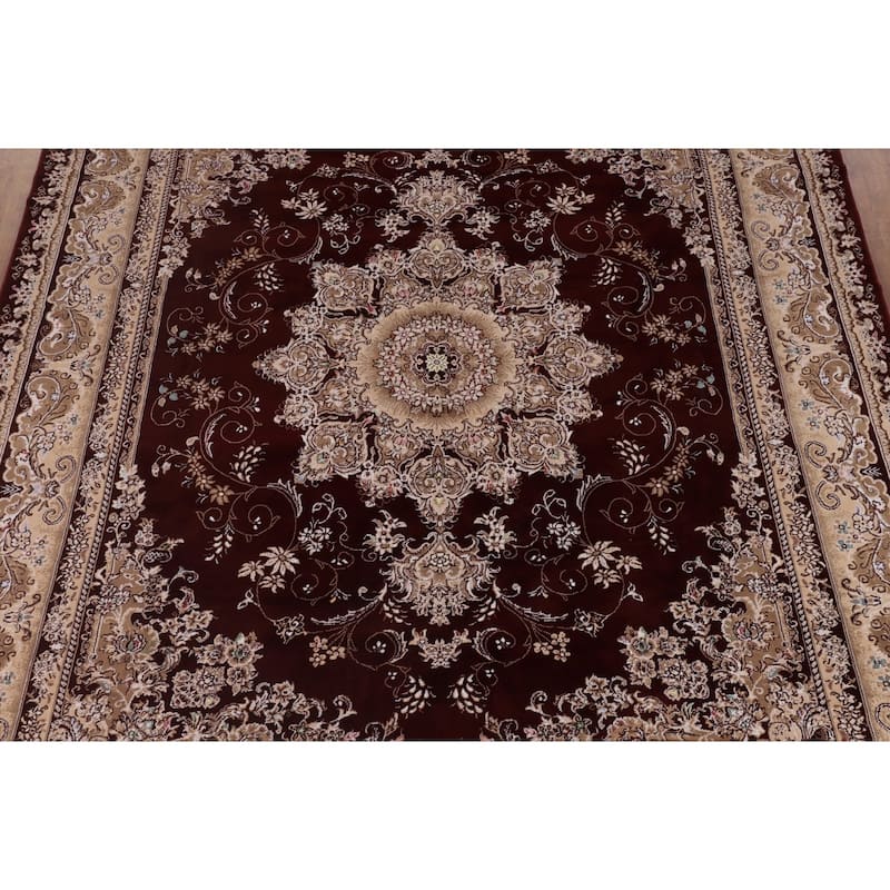 Burgundy Medallion Tabriz Area Rug Machine Made Carpet - 9'9" x 13'2"