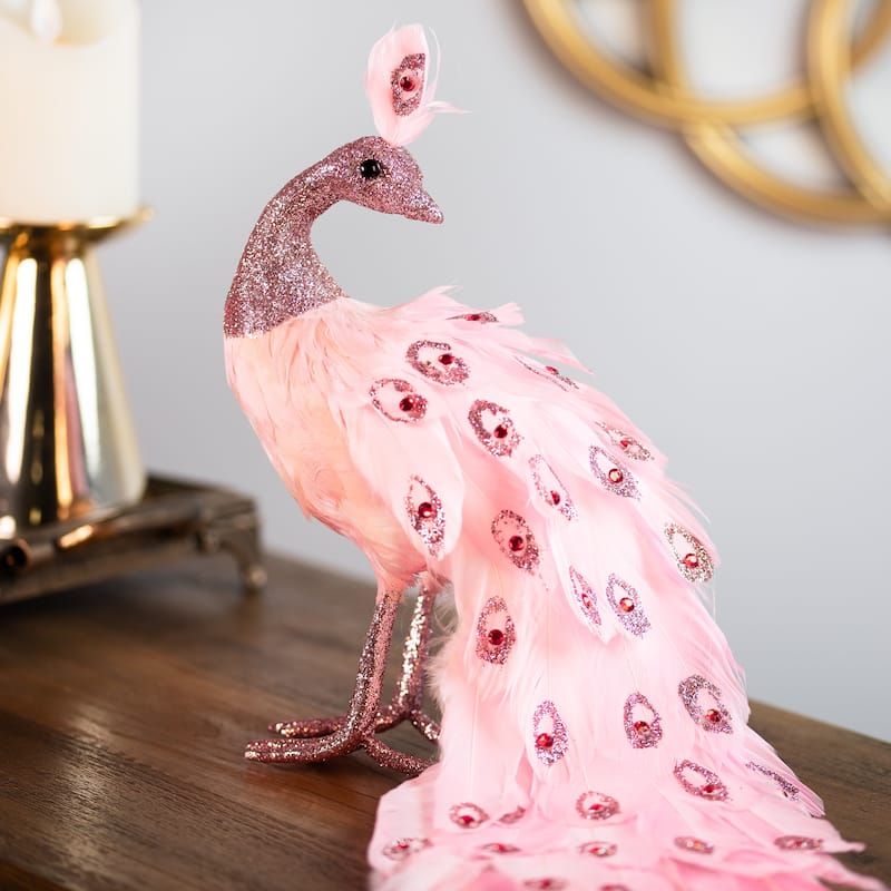 Peacock with Glitter and Faux Jewels Christmas Decoration - 20" - Light Pink