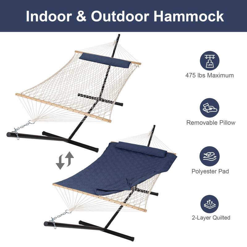 Rope Hammock with Detachable Pillow and Pad, 12FT Steel Stand Included