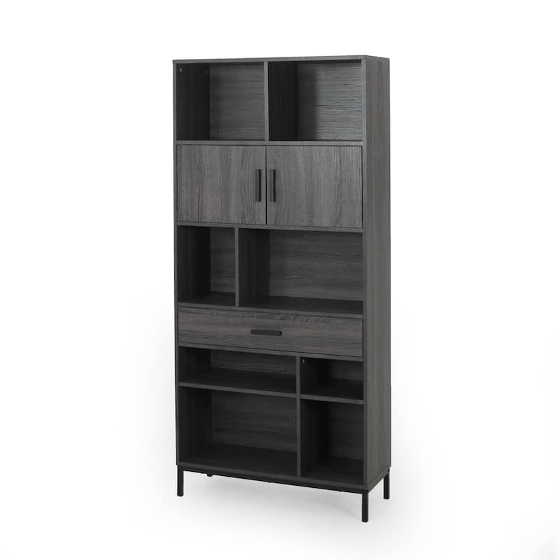 Roomfitters Tall Bookshelf with Open Storage Shelves, Cabinet Doors and Drawer, Freestanding Bookcase, Grey