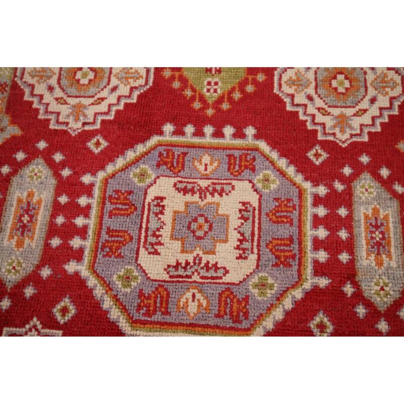 Geometric Red Kazak Accent Rug Hand-Knotted Oriental Wool Carpet - 2'7" x 4'1"