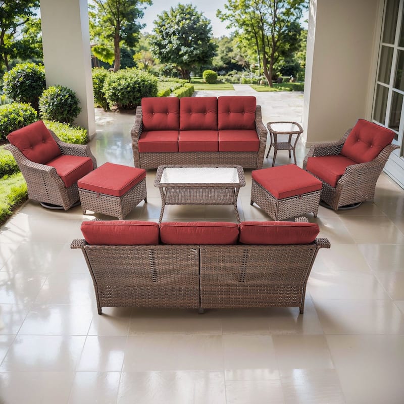 Artisan 8-Piece Patio Brown Wicker Sofa Conversation Set with 6-Inch Thick Cushions - Red - Brown Wicker