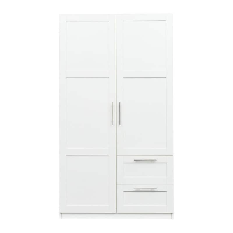 2 Door Armoire Wardrobe Closet, 2 Drawers Wooden White Closet Wardrobe Cabinet for Large Capacity
