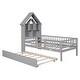 preview thumbnail 6 of 7, Gray Pine Wood Twin Size House-Shaped Bed with Trundle and Storage Headboard