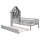 preview thumbnail 6 of 7, Grey Twin Size Pine Wood Platform Bed with House-Shaped Headboard and Pull-Out Trundle, Built-in Shelves and Fence Guardrails