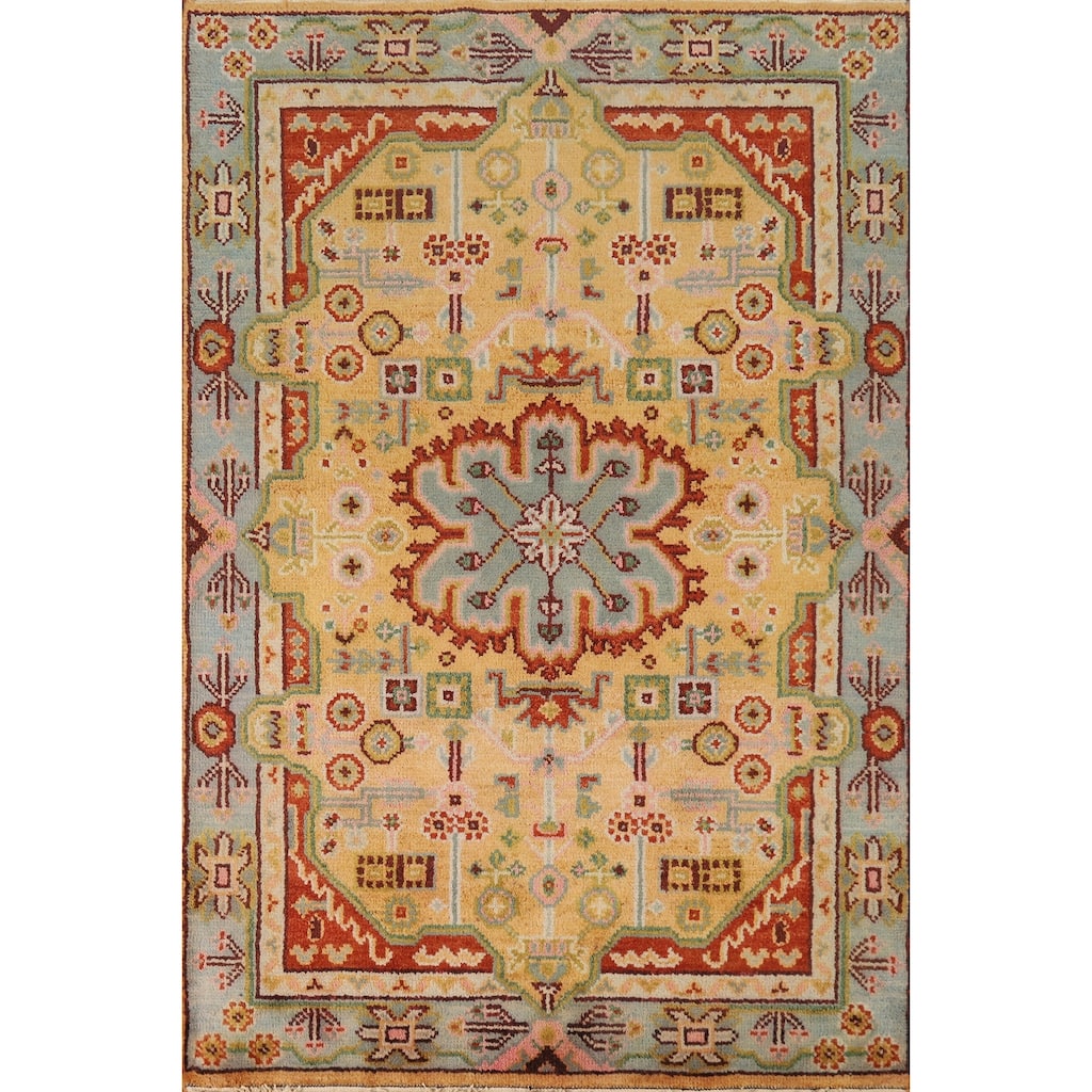 Hand Knotted Oriental 100% Wool Carpet Traditional Geometric Yellow & Gold Heriz (serapi) Area Rug - 5' 10'' X 4' 0''