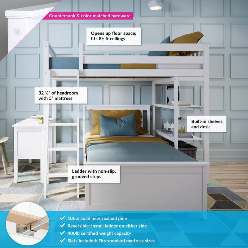 Max and Lily L Shaped Twin over Twin Bunk Bed with Bookcase and Desk