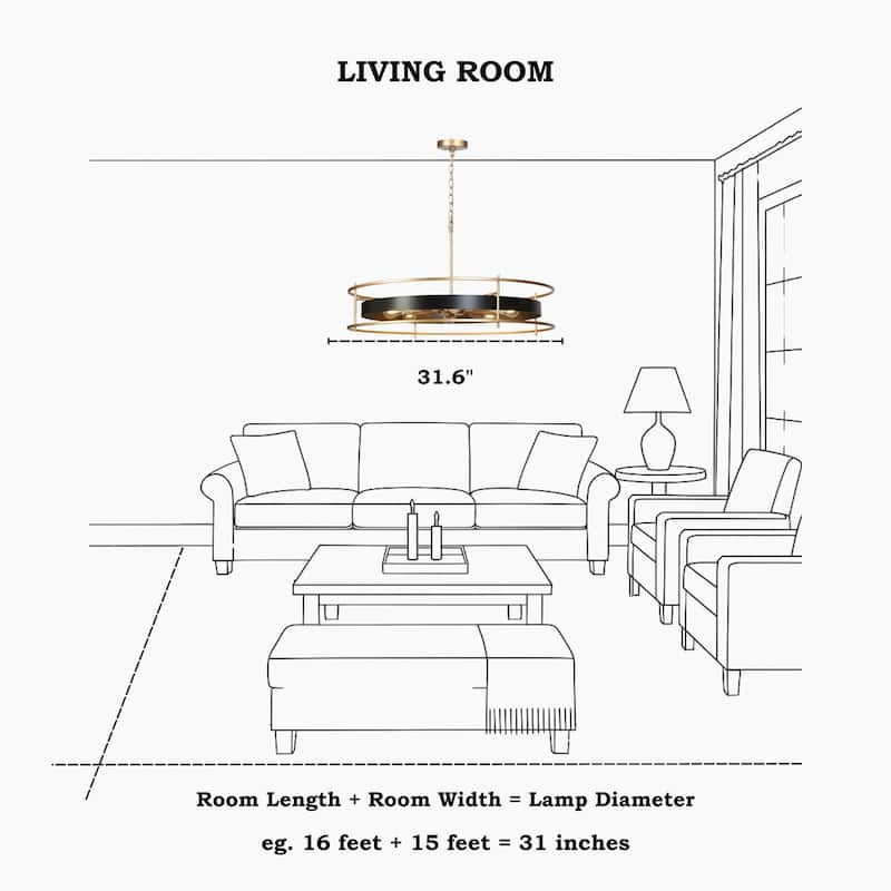 31" Modern Luxury 8-Light Black Gold Wheel Chandelier Oversize Pendant Light for Kitchen Island - 31.6 " × 17.5 "