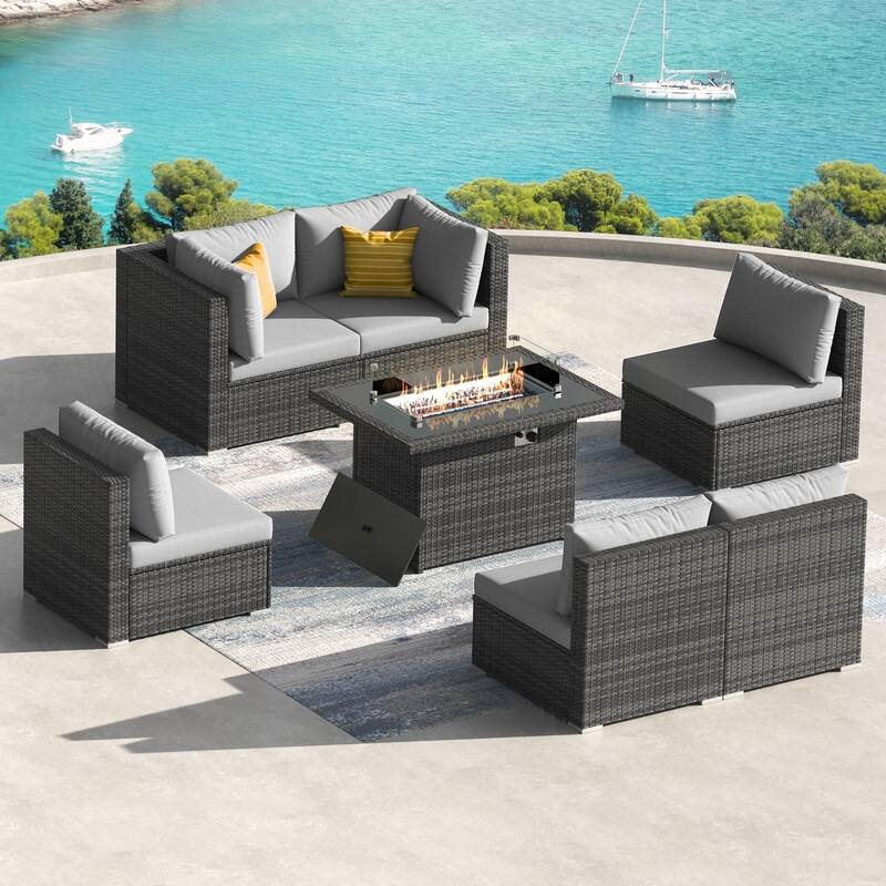 7 Piece Outdoor Sectional Modular Wicker Patio Conversation Set with 43'' Fire Pit Table and Cushion - Light Gary
