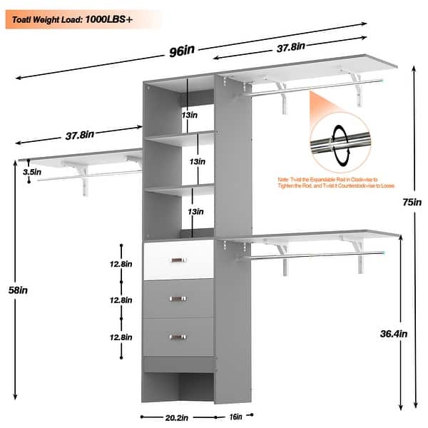120'' Closet Organizer with Drawers, Closet System with DIY Shelves for ...