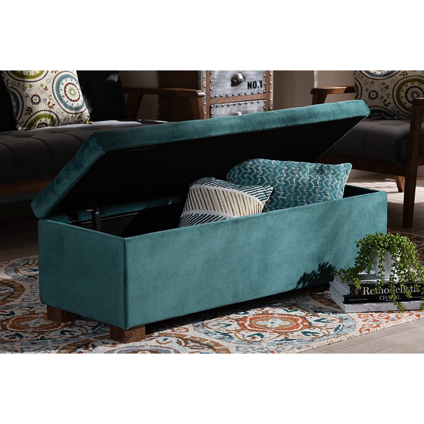 Cooper Teal Blue Velvet Fabric Grid-Tufted Storage Ottoman Bench
