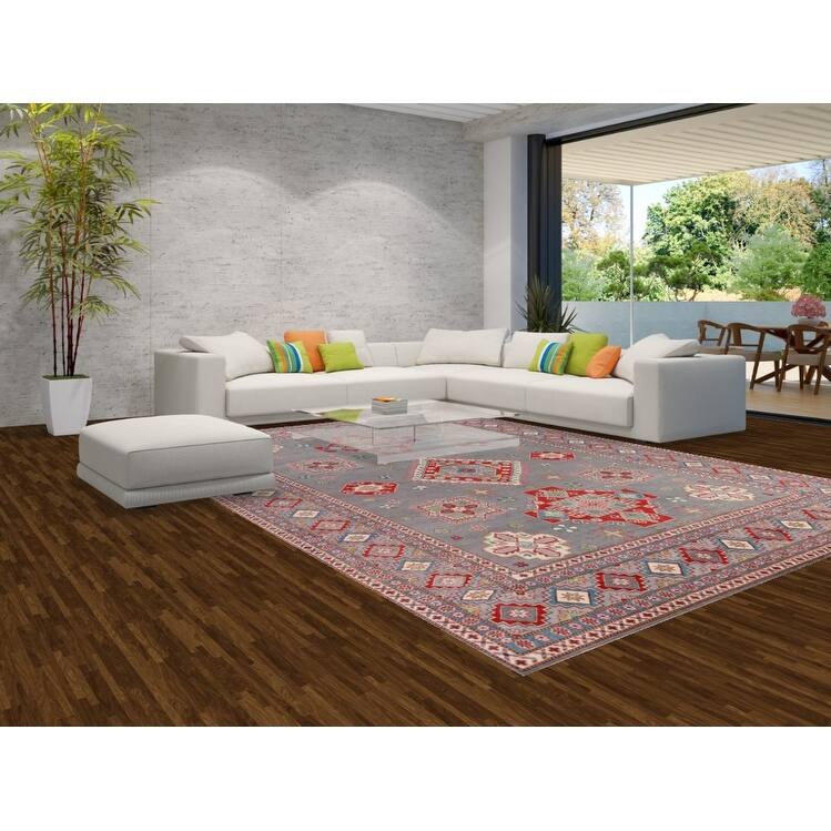 Hand Knotted Oriental 100% Wool Carpet Traditional Geometric Greys & Charcoal Kazak Area Rug - 13' 7'' X 9' 10''