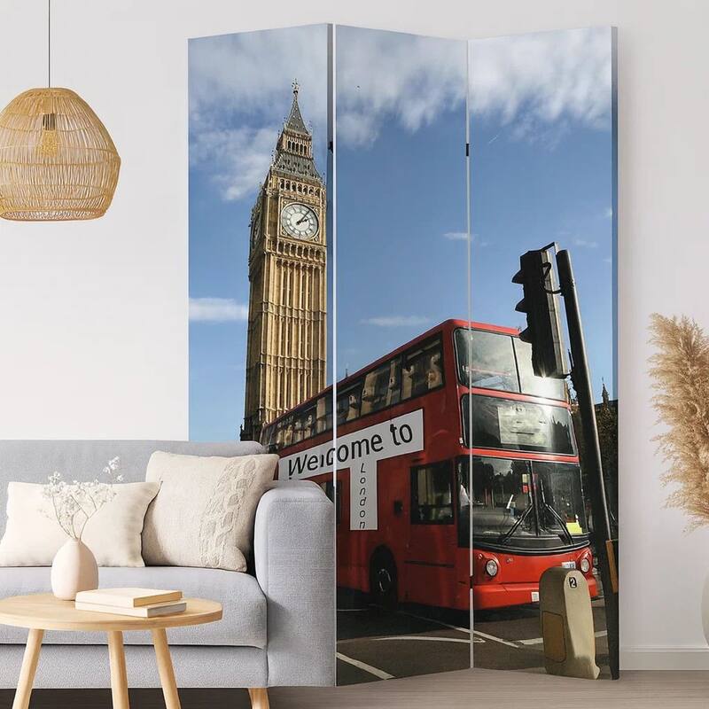 Brar 71 Inch 3 Panel Canvas Screen, Big Ben, London Cityscape, Red, Brown