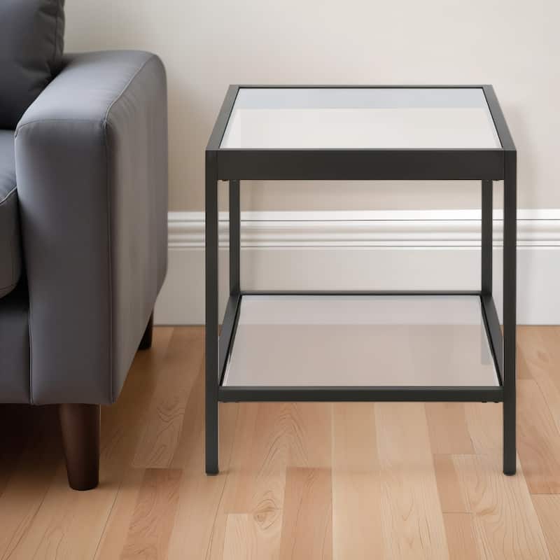 22" Black And Clear Glass And Steel Square End Table With Shelf - 20" x 20" x 22"